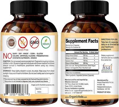 Organic Veda Ginkgo Biloba Turmeric Bacopa Brain Supplement for Memory, Mood & Focus with Ashwagandha - Concentration, Energy & Brain Booster, Healthy Joints & Circulation Support - 60 Vegan Capsule