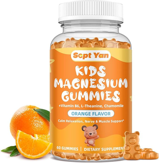 Kids Magnesium Gummies - Magnesium Glycinate Citrate Gummies Supplement for Kids & Adults with Vitamin B6, L-theanine - Calm Magnesium for Sleep Stress Relaxation Bones, Sugar Free Orange Flavor 60ct