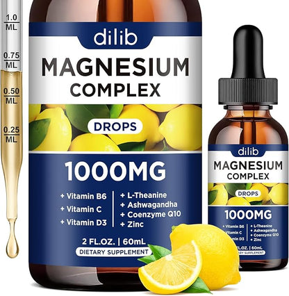 Triple Magnesium Complex Supplement, Magnesium Glycinate, threonate, Citrate Liquid Drops 1000mg with Ashwagandha, CoQ10, Vitamin B6, C, D, Zinc - Vegan Lemon Flavor
