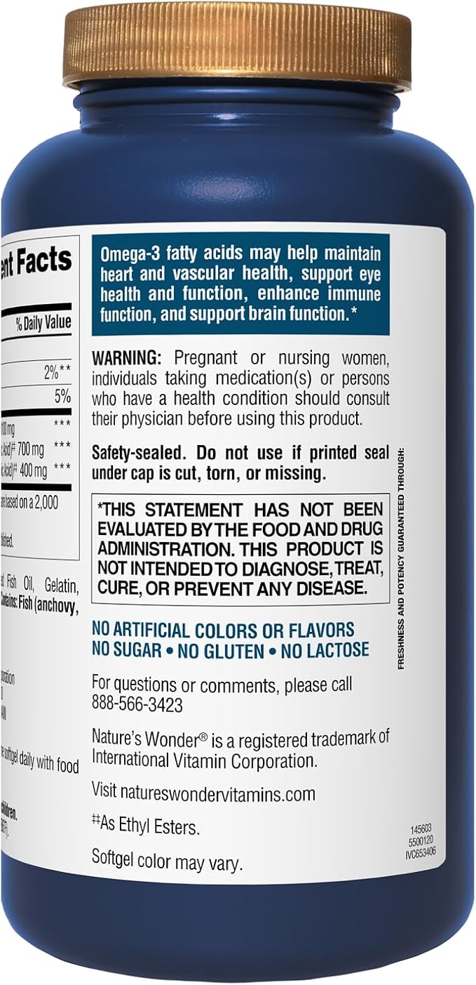 Nature's Wonder Fish Oil 1100mg Omega-3 Fish Oil Supplements for Women and Men, EPA & DHA for Healthy Joints, Heart, Immune System, 120 Day Supply of Softgels
