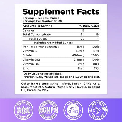 Iron Gummies for Women & Men - Iron Supplement with Vitamin B6, B12, C, Zinc, Folate for Adults & Kids - Support Iron Deficiency, Anemia, Energy Boost, Blood Builder - Sugar Free 60ct Mixed Berry