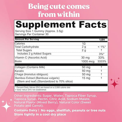 Super Cute Gummies - Mushroom Supplement for Teens - Healthy Hair, Skin, and Nails for Teenage Boys & Girls - Biotin, Chaga, Collagen Peptides, Keratin, Vitamin C, Bamboo Extract (30 Mushroom Gummies)