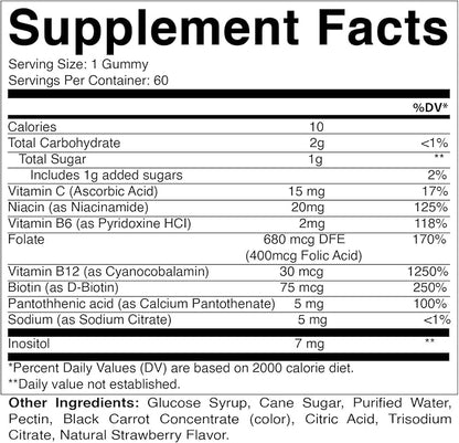 Vitamatic Vitamin B Complex Gummies with Vitamin C & Inositol - Natural Strawberry Flavor - 60 Gummies (3 Bottles)