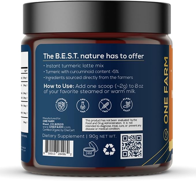 Turmeric Latte Powder - USDA Organic >5% Curcuminoid Turmeric, Lions Mane, Ashwagandha, Ginger, Cinnamon in a Resealable Glass Jar, 45 Servings - Perfect for Making Golden Milk