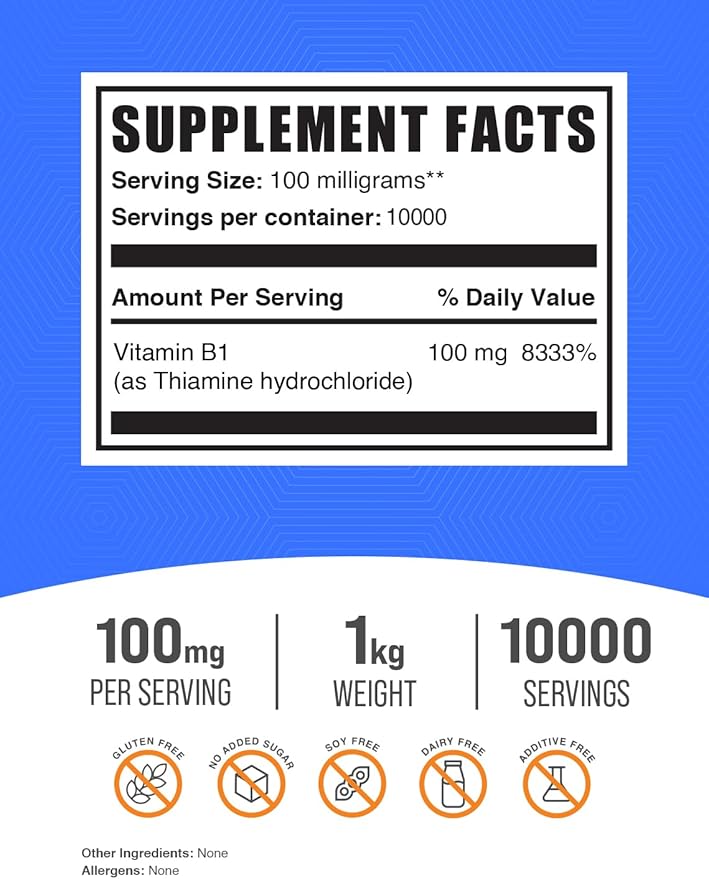 BulkSupplements Thiamine HCl Powder - Thiamine Hydrochloride, B1 Vitamins, Thiamine B1 Supplement, Thiamine 100mg - Gluten Free, 100mg per Serving, 1kg (2.2 lbs) (Pack of 1)