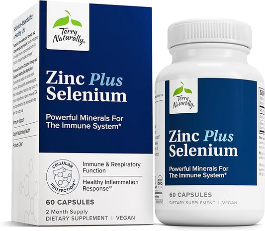 Terry Naturally Zinc Plus Selenium - Immune & Respiratory Health Supplement - Mineral Supplement with Zinc Bisglycinate Chelate - Formula with Selenium for Cellular Health Support - 60 Capsules