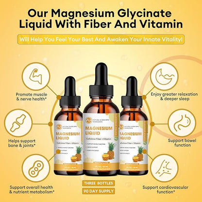 (3 Pack) Magnesium Glycinate Liquid Drops, High Absorption Magnesium Liquid with Bromelain, Vitamin B6 C D, Magnesium Supplement for Kids and Adults, Night & Muscle Support, Pineapple Flavor