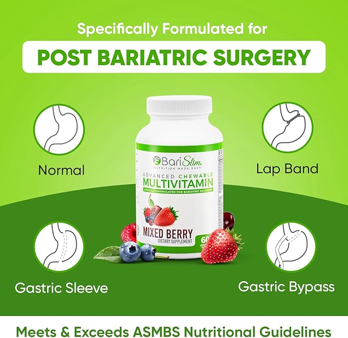 BariSlim Advanced Chewable Bariatric Multivitamin Tablets - Bariatric Vitamin and Supplement for Post Bariatric Surgery Including Gastric Bypass & Gastric Sleeve | Mixed Berry (60 Count)