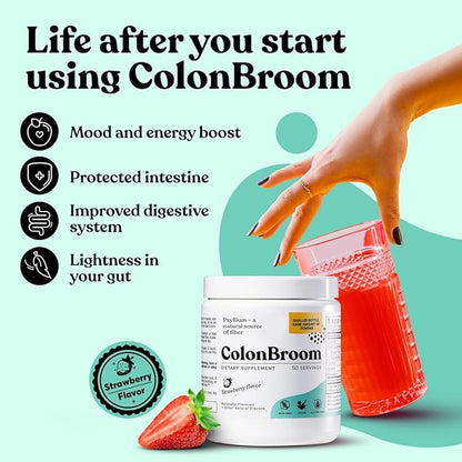 ColonBroom Psyllium Husk Powder (Strawberry, 50 Servings) + Mushroom Complex, Powerful Mushroom Blend with Cordyceps, Reishi, Shiitake, Lion’s Mane Extract for Energy, Immunity (60 Capsules)