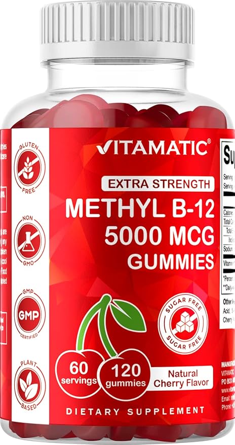 Vitamatic 2 Packs Extra Strength Vitamin B12 5000 mcg (Methyl B12) Gummies - 120 Count - Energy Metabolism Support and Nervous System Health Support, Natural Cherry Flavored