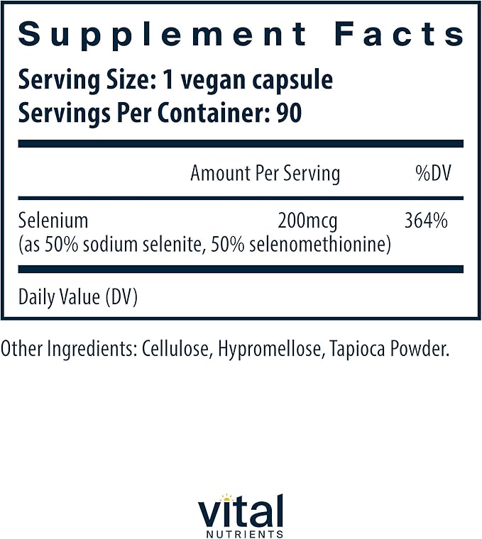 Vital Nutrients - Selenium - Powerful Antioxidant Support - 90 Vegetarian Capsules per Bottle - 200 mcg