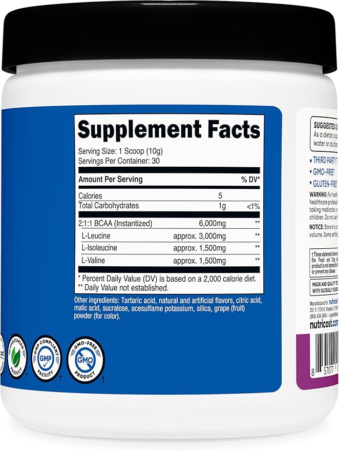 Nutricost BCAA Powder (Grape, 30 Servings) - Optimal 2:1:1 Ratio, Vegetarian, Non-GMO