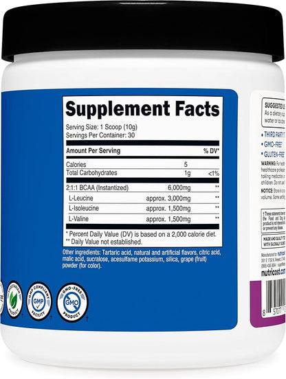 Nutricost BCAA Powder (Grape, 30 Servings) - Optimal 2:1:1 Ratio, Vegetarian, Non-GMO