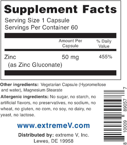 Gluzin OTC ZINC - Gluzin - Pharmaceutical Grade Zinc, 50mg, (2 Bottles - 120 Capsules)