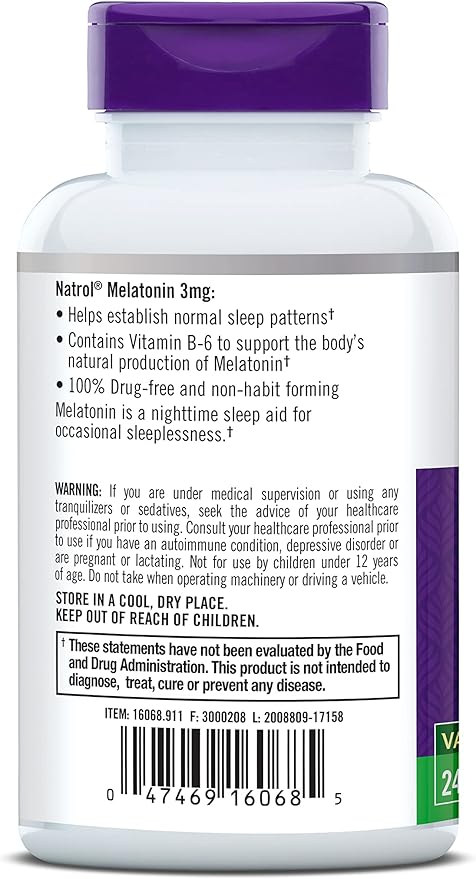 Natrol Melatonin Tablets, Helps You Fall Asleep Faster, Stay Asleep Longer, Faster Absorption, Vegetarian, 3mg, 240 Count (Pack of 2)