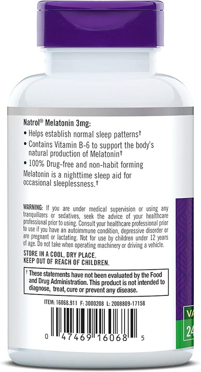 Natrol Melatonin Tablets, Helps You Fall Asleep Faster, Stay Asleep Longer, Faster Absorption, Vegetarian, 3mg, 240 Count (Pack of 2)