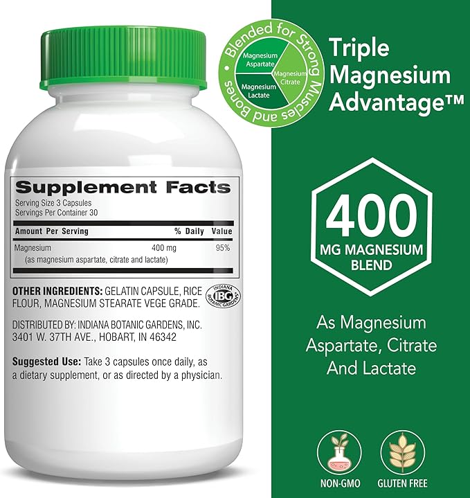 Botanic Choice Triple Magnesium Advantage - Magnesium Aspartate Citrate & Lactate Complex Supplement for Nerve, Digestive, Muscular & Heart Health for Men & Women (90 Capsules)