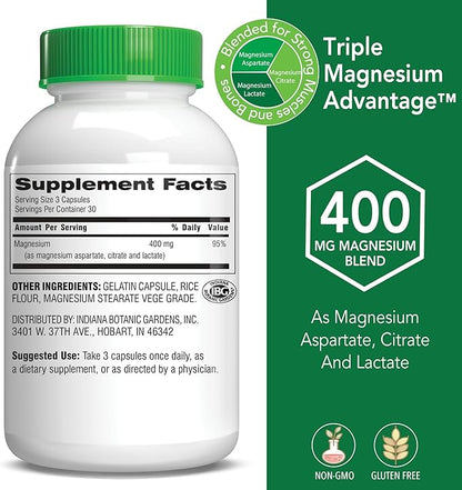 Botanic Choice Triple Magnesium Advantage - Magnesium Aspartate Citrate & Lactate Complex Supplement for Nerve, Digestive, Muscular & Heart Health for Men & Women (90 Capsules)