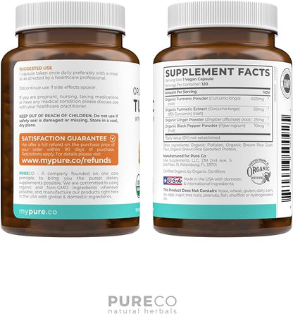 USDA Organic Turmeric Curcumin with Black Pepper and Ginger (4 Month Supply) Joint Support Supplement with Tumeric and Ginger Root Powder - Organic Turmeric Supplement - 120 Vegan Capsules (No Pills)