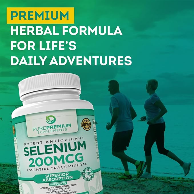 PurePremium Selenium 200mcg Supplement - L Selenomethionine Essential Mineral - Daily Support for Normal Thyroid, Immune System and Normal Prostate Function - 3 Months Supply - 100 Capsules