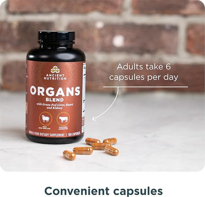 Ancient Nutrition Organ Supplements, Grass-Fed and Wild Organ Complex Capsules, Liver, Heart, Kidney Supports Organ, Cognitive, and Immune System Health, 180 Ct