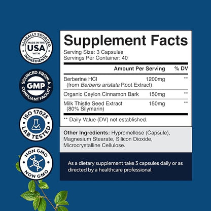 Balancing Berberine Plus 1200mg Per Serving Complex - Antioxidant Berberine with Ceylon Cinnamon Capsules Plus Silymarin Milk Thistle Extract -Active PK for Heart Health and Sugar Support 120 Capsules