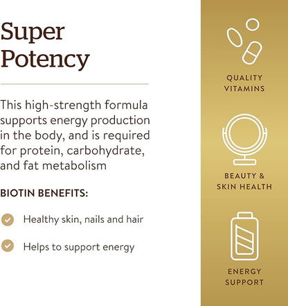 Solgar Biotin 5000 mcg - Promote Healthy Skin, Nails & Hair - Supports Energy Production, Protein, Carbohydrate & Fat Metabolism - Vitamin B - Non GMO, Vegan, Gluten Free - 100 Servings, Unflavored, Standard Packaging, 100 Count