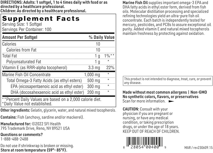 Klaire Labs Marine Fish Oil - Ultra Pure 300 Milligrams EPA & 200 Milligrams DHA Omega 3 Unflavored Fish Oil with No Fishy Taste, Gluten-Free (100 Softgels)