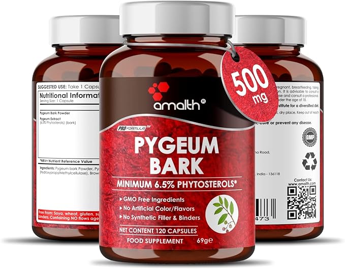 Amalth Pygeum Bark Extract Powder Higher Potency (6.5% phytosterols) Supports Urinary Tract & Prostate Health Men Herbal Supplements 120 Capsules (Non –GMO)