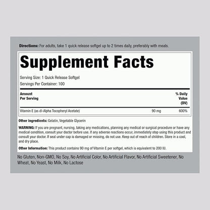 Piping Rock Vitamin E 200 IU | 90mg | 100 Softgel Capsules | High Potency Supplement | Non-GMO, Gluten Free