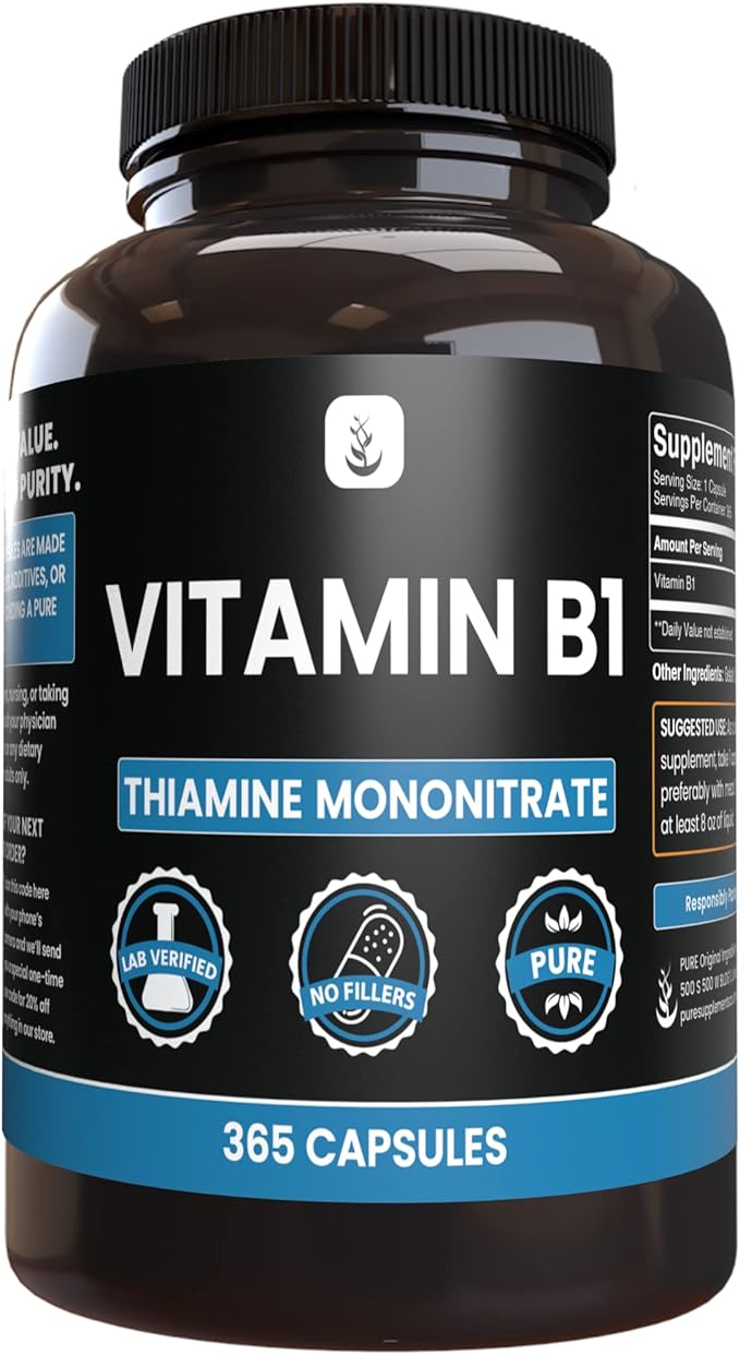 PURE ORIGINAL INGREDIENTS Vitamin B1 (Thiamine Mononitrate) (365 Capsules) No Magnesium Or Rice Fillers, Always Pure, Lab Verified