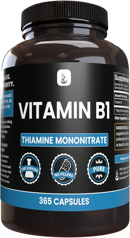 PURE ORIGINAL INGREDIENTS Vitamin B1 (Thiamine Mononitrate) (365 Capsules) No Magnesium Or Rice Fillers, Always Pure, Lab Verified