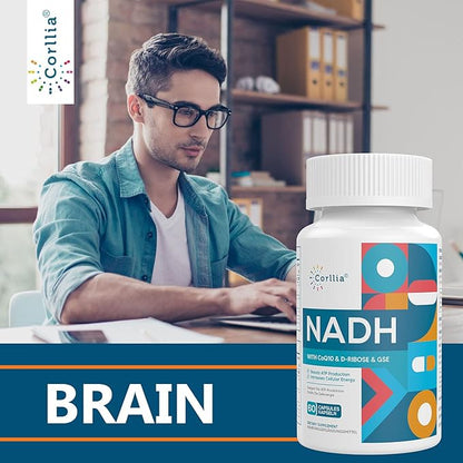 Corlia NADH 50mg + CoQ10 200mg + D-Ribose 150mg Supplement, Enhance NAD+ Supplement for Energy, Fatigue, Reduced Nicotinamide Adenine Dinucleotide, 120 Veggie Capsules