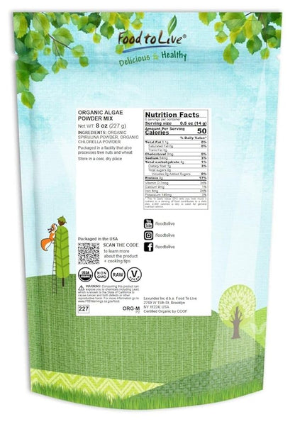 Food to Live Organic Algae Powder Mix, 8 Ounces – Spirulina and Chlorella 50/50 Blend, Non-GMO, Rich in Chlorophyll, Raw, Pure, Vegan Superfood, Bulk, Great for Smoothies, Good Source of Protein