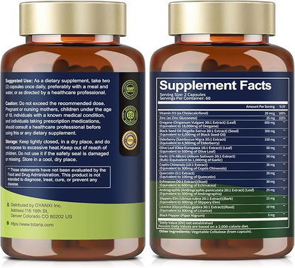 Oil of Oregano with Black Seed Oil Capsules High Absorption with Garlic,Olive Leaf,Quercetin,Black Pepper and More Supplement for Women and Men Immune Support Digestive Health 120 Counts