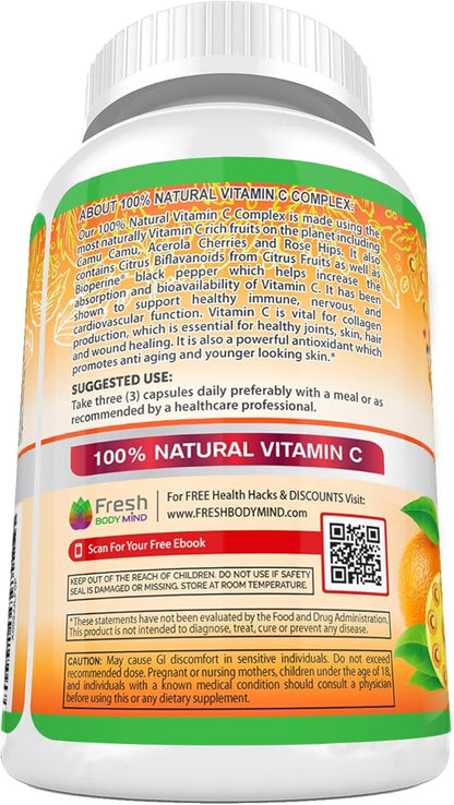 Fresh Healthcare 100% Natural Vitamin C - 500mg from Rose HIPS, Acerola Cherry & Camu Camu - High Absorption Immune Support, Skin, Joint & Collagen Booster with Citrus Biflavonoids - 120 Capsules