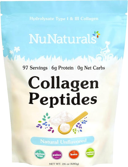 Nunaturals Collagen Peptides Powder (Type I, III), for Skin, Hair, Nail, and Joint Health, 24oz