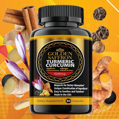 GOLDEN SAFFRON Turmeric Curcumin Supplement with Bioperine, Saffron, Cinnamon, and Ginger - High Potency, Non-GMO, Gluten-Free Supplement for a Better Effectiveness. Made in USA