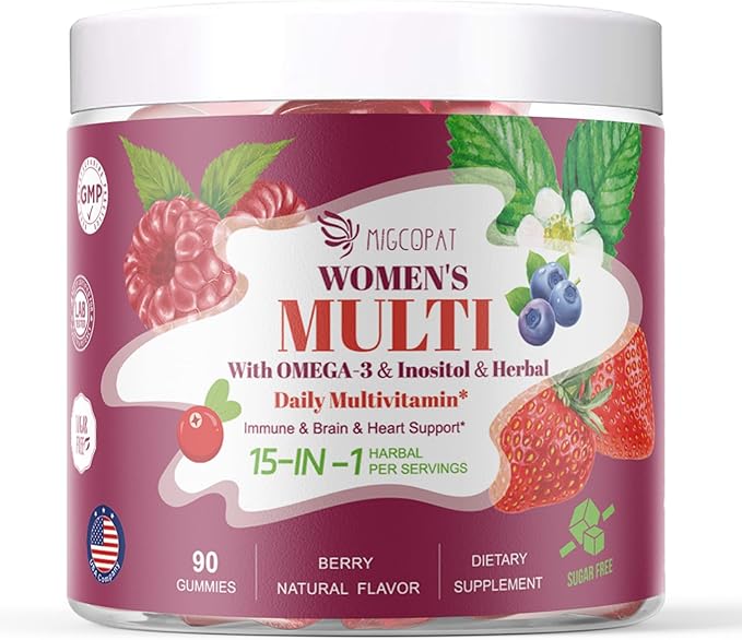 Multivitamin for Women, Womens Multivitamin Gummy w/Omega-3, Inositol, Folate, Biotin, Vitamins A, C, D3, E, B12 for Heart, Brain, Hair, Energy & Immune, Sugar-Free Gummies, Berry Flavor, 90 Cts