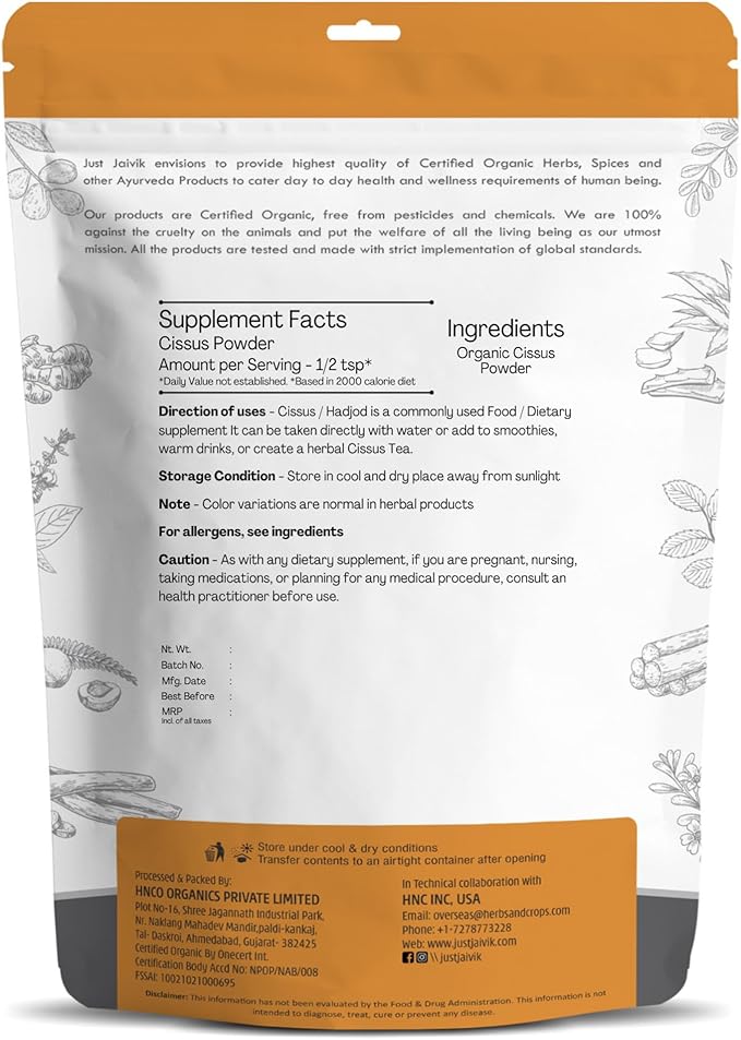 Just Jaivik 100% Organic Cissus Powder - 227 gm / 0.5 lb | Herbal Supplement for Bone and Muscle Health | USDA Certified Organic | (Hadjod) Cissus Quadrangularis Powder