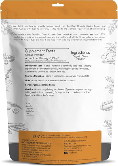 Just Jaivik 100% Organic Cissus Powder - 227 gm / 0.5 lb | Herbal Supplement for Bone and Muscle Health | USDA Certified Organic | (Hadjod) Cissus Quadrangularis Powder