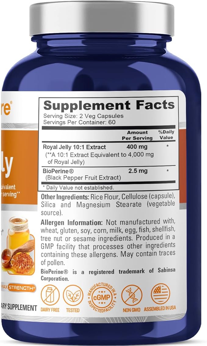 NusaPure Royal Jelly 10:1 Extract, 400 mg Equivalent to 4000mg - 120 Veggie Capsules (Non-GMO, Gluten Free, Bioperine)