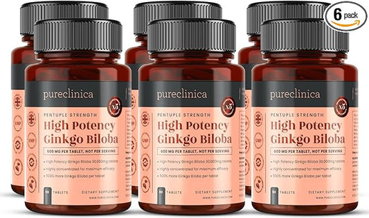 pureclinica High Potency Ginkgo Biloba 30,000mg x 540 Tablets (6 Bottles of 90) - 18 Months Supply - 5 Times The Strength of Competitor Products