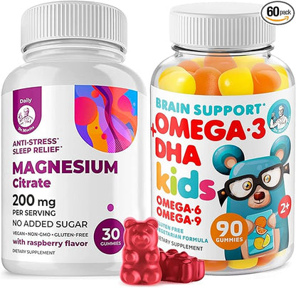 Omega3 Gummies for Kids with Omega 6&9 and Magnesium Gummies - DHA Children Brain Supplement for Heart and Vision Support – No Fish Oil and Gluten Free Immune Health with Sugar-Free Magnesium