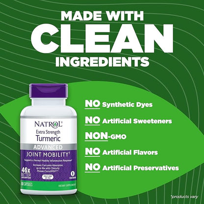 Natrol Extra Strength Turmeric, Dietary Supplement for Joint Health, Turmeric Supplement for Adults, 60 Capsules, Up to a 60 Day Supply