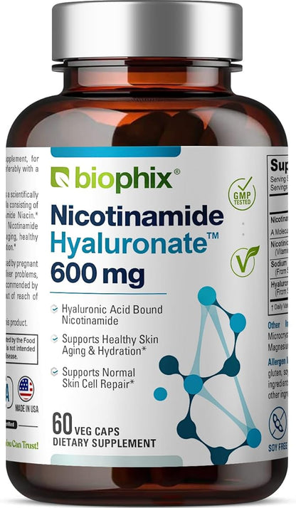 biophix B-3 Nicotinamide Hyaluronate 600 mg 60 Vcaps - Hyaluronic Acid Natural Flush-Free Nicotinic Amide Niacin - Supports Skin Cell Health