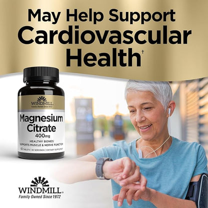 Windmill Natural Vitamins Magnesium Citrate 400 mg, Immune Support, Supports Muscle Recovery, Supports Healthy Heart, 60 Count, 30 Servings