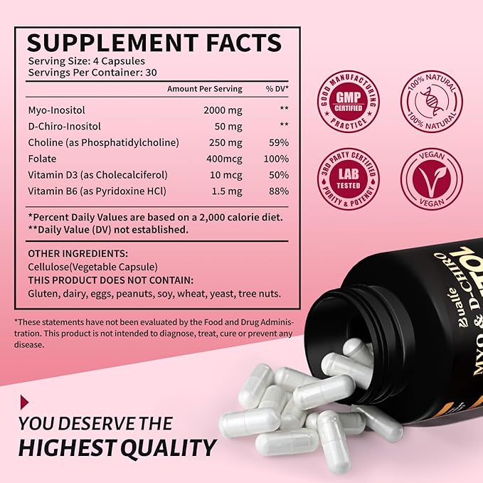 Premium Myo-Inositol & D-Chiro Inositol Supplement | Hormonal Balance & Healthy Ovarian Function Support for Women | Ideal 40:1 Ratio,2,050mg Per Serving, 120 Veggie Capsules-–with Folate, Vitamin D3