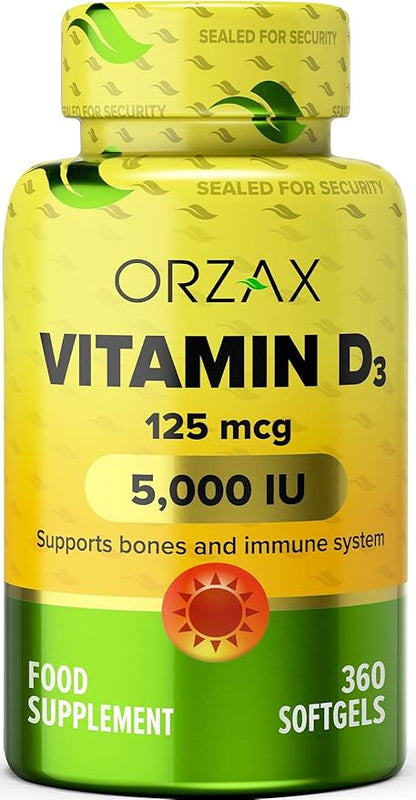 ORZAX Vitamin D3 5000 iu (125 mcg) – Non-GMO, Gluten Free, Sugar Free, Dairy Free – 1 Year Supply for Strong Muscle Function & Immune Support – Mood Supplement for Wellness (360 Softgel)
