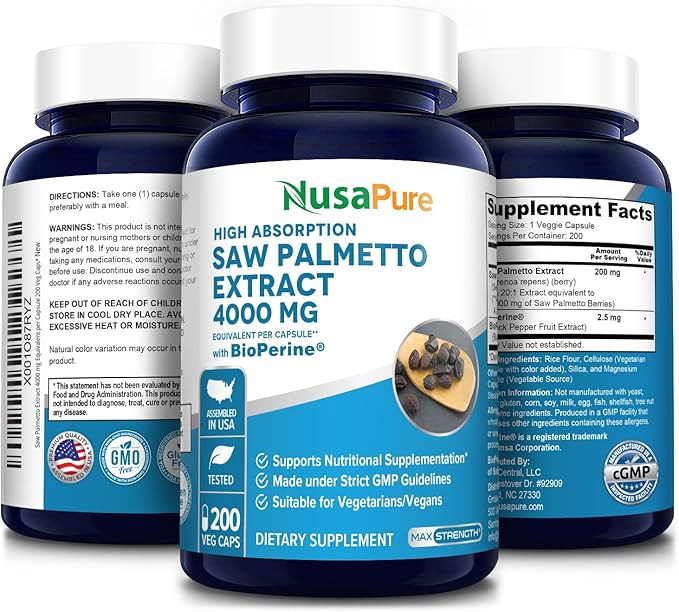 NusaPure Saw Palmetto 4,000mg per Veggie Caps 200 Count (Extract 20:1, Non-GMO, Gluten Free, Vegetarian, Bioperine)